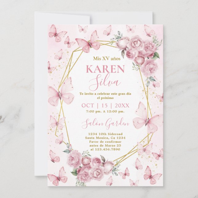 Papillon rose Quinceañera Invitation (Devant)