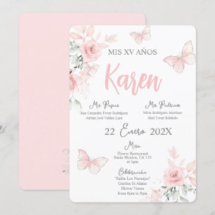 Papillon rose Quinceañera Invitation espagnole