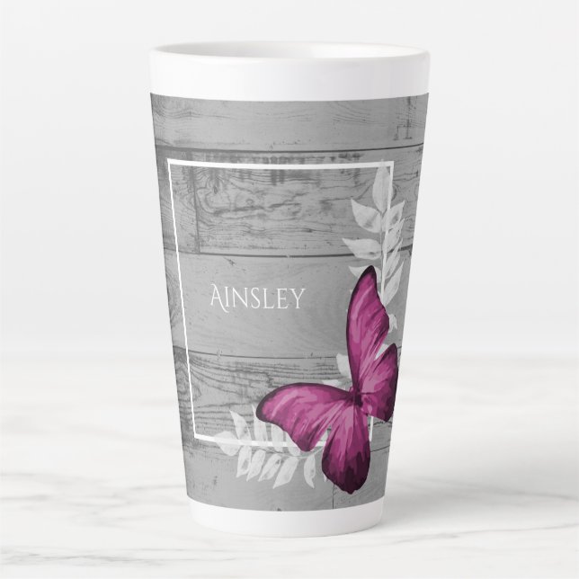 Papillon rose Rustique Latte Mug personnalisée (Devant)