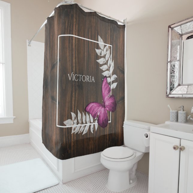 Papillon rose rustique Rideau de douche personnali (En situation)