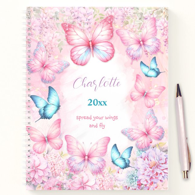 Papillon rose violet carnet de croquis Floral Girl (Butterfly Pink Purple Sketchbook Floral Girly Name Notebook)