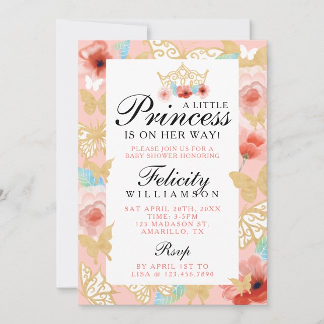 Papillon Royal Floral Couronne rose or Invitation (Devant)
