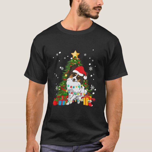 Papillon Santa Christmas Tree Light Pajama Dog T-Shirt (Vorderseite)