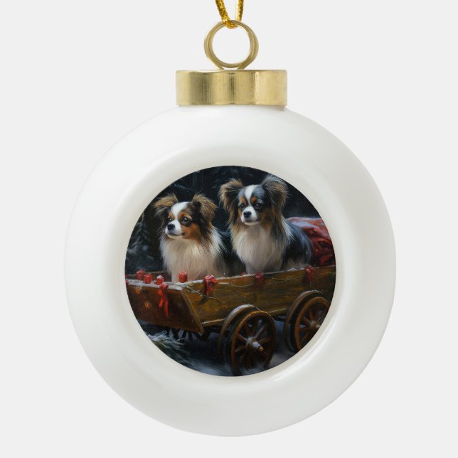 Papillon Snowy Sleigh Weihnachtsdekor Keramik Kugel-Ornament (Vorderseite)