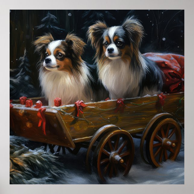 Papillon Snowy Sleigh Weihnachtsdekor Poster (Vorne)