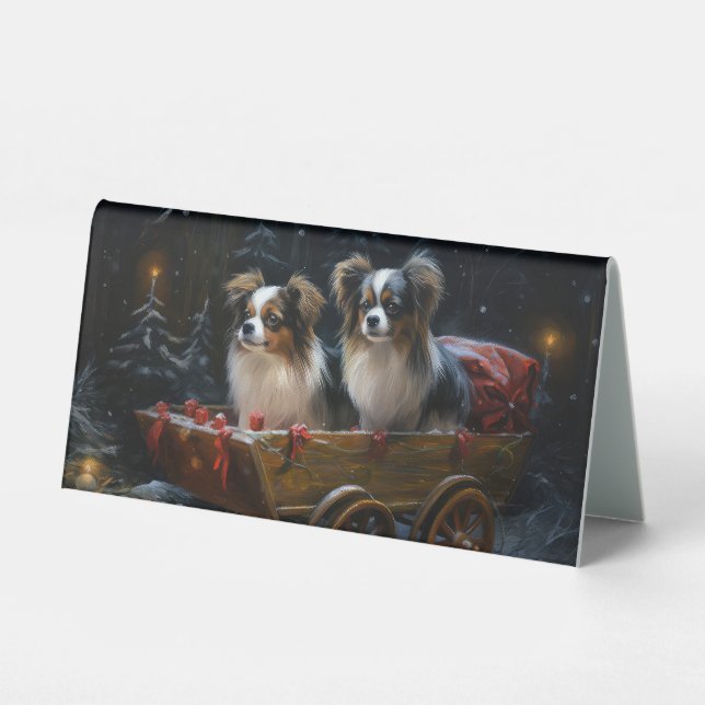 Papillon Snowy Sleigh Weihnachtsdekor Tischaufsteller (Vorderseite)