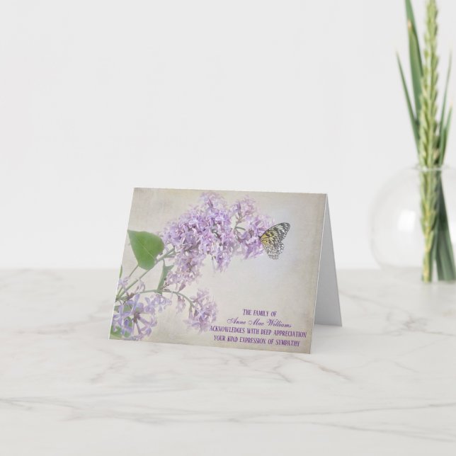 Papillon sur Lilacs Carte de remerciements de symp (Devant)