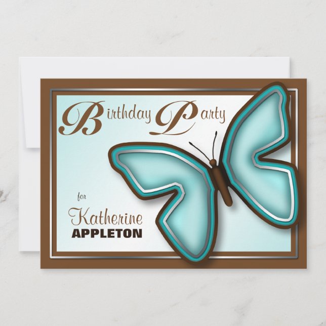 Papillon Turquoise Brown Invitations de fête d'ann (Devant)