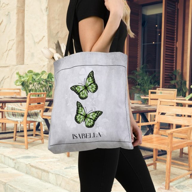Papillon vert Floral Sac fourre-tout personnalisé (Green Butterfly Floral Personalized Tote Bag)