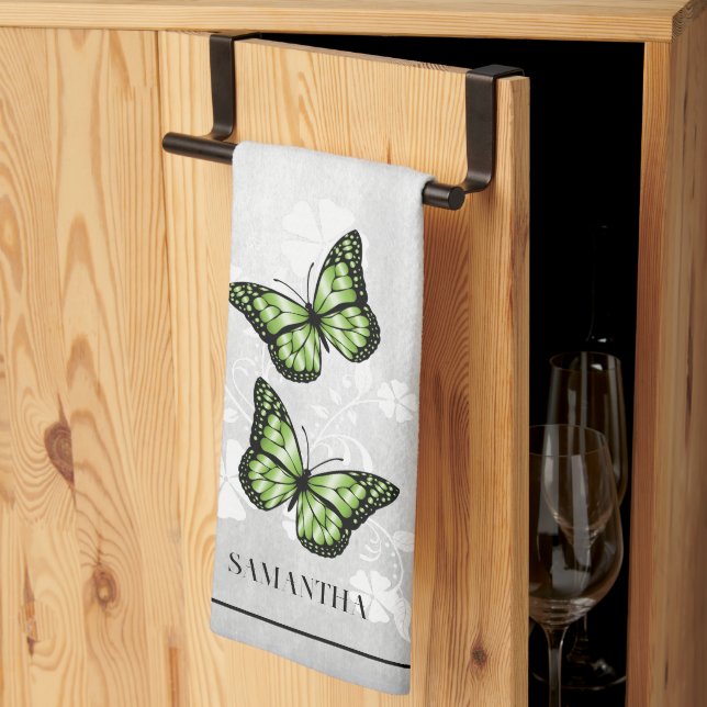 Papillon vert Floral serviette de cuisine (Pliage en tiers)