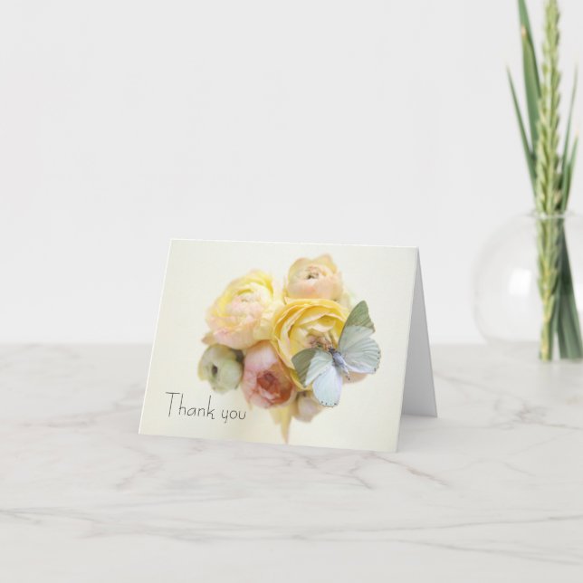 papillon vert pâle sur les fleurs carte de remerci (Devant)