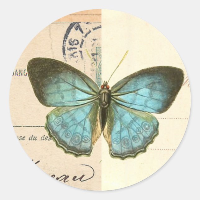 Papillon vintage en bleu beau autocollant tendance (Devant)