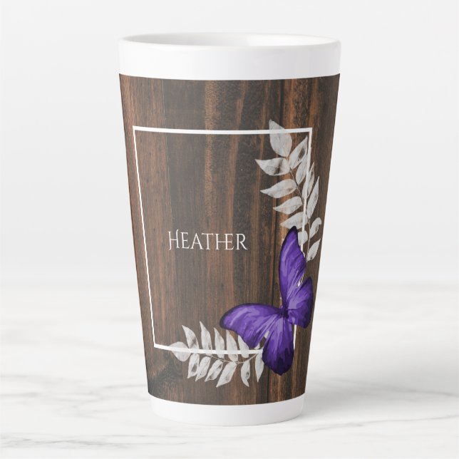 Papillon violet rustique Mug Latte personnalisée (Devant)