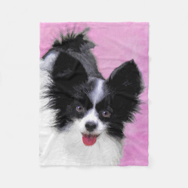 Papillon (weiß und schwarz) Malerei - Hundekunst Fleecedecke (Vorderseite)