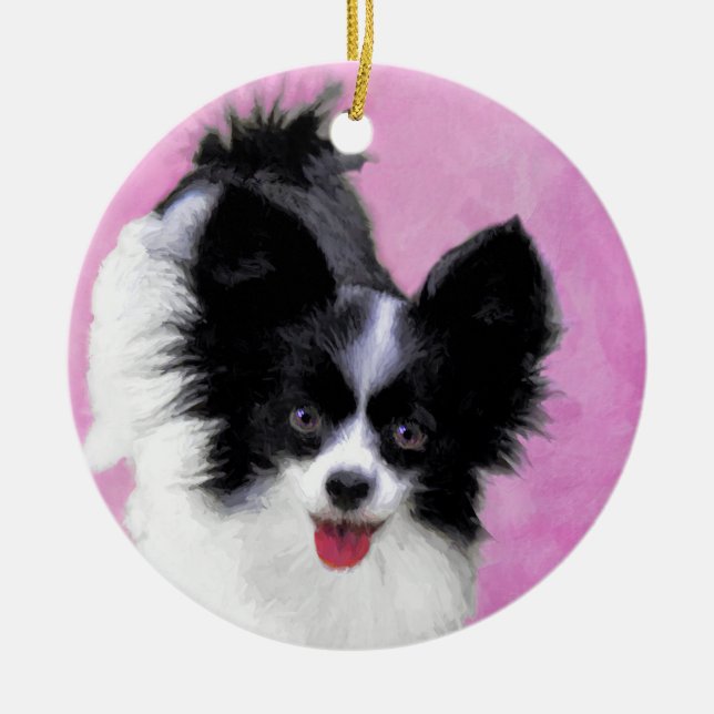 Papillon (weiß und schwarz) Malerei - Hundekunst Keramik Ornament (Vorne)