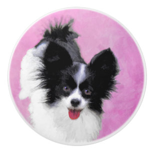 Papillon (weiß und schwarz) Malerei - Hundekunst Keramikknauf