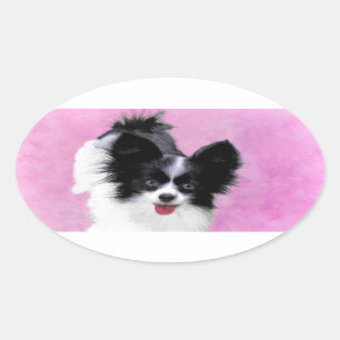 Papillon (weiß und schwarz) Malerei - Hundekunst Ovaler Aufkleber