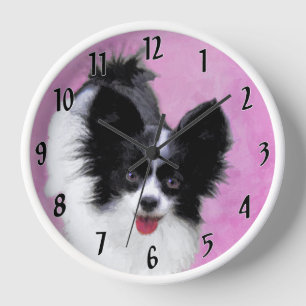 Papillon (weiß und schwarz) Malerei - Hundekunst Uhr