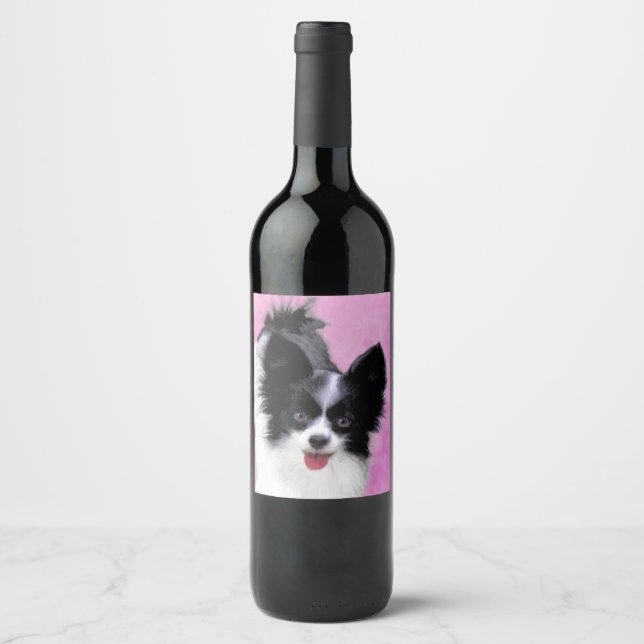 Papillon (weiß und schwarz) Malerei - Hundekunst Weinetikett (Vorderseite)