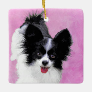 Papillon (weiße und schwarze) Malerei - Hundekuns Keramikornament