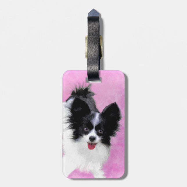 Papillon (weiße und schwarze) Malerei - Hundekunst Gepäckanhänger (Rückseite vertikal)
