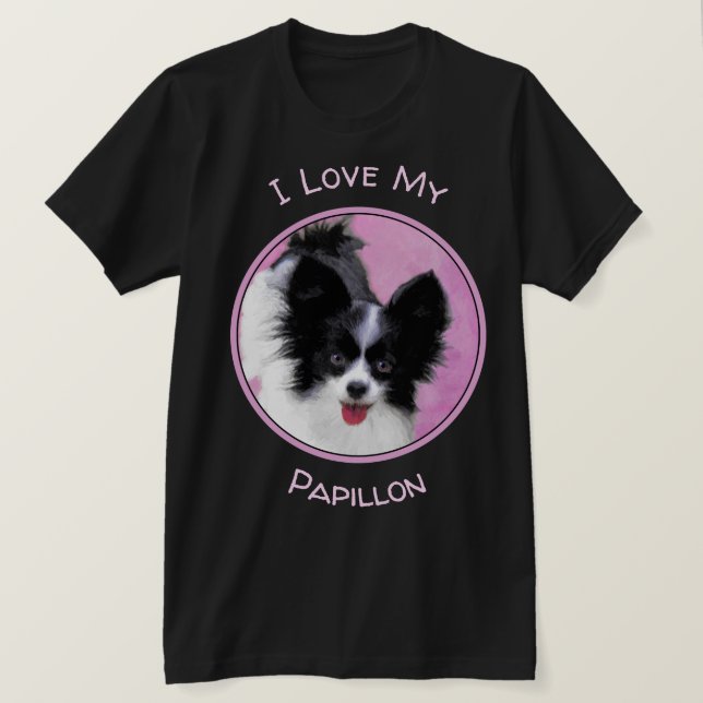 Papillon (weiße und schwarze) Malerei - Hundekunst T-Shirt (Design vorne)
