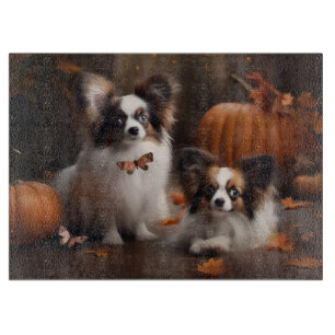 Papillon-Welpe Herbstfreude Kürbis Schneidebrett