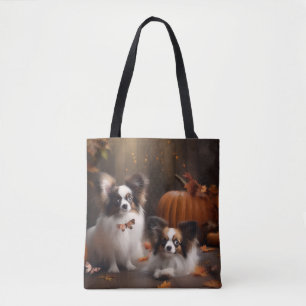 Papillon Welpe Herbstfreude Kürbis Tasche