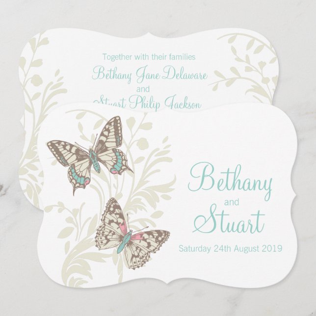 Papillons aqua crème turquoise faire-part de maria (Devant / Derrière)