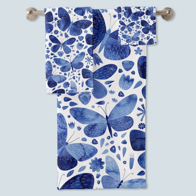 Papillons Aquarelle Bleu (Blue watercolor butterfly pattern towels)