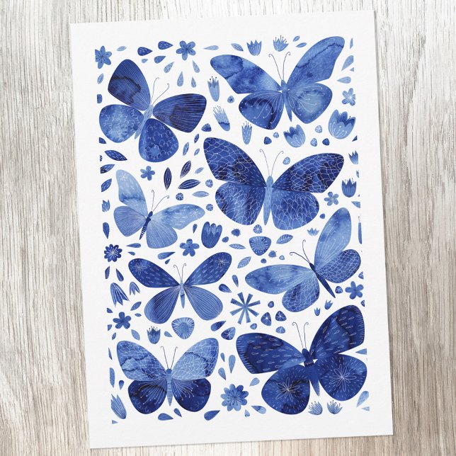 Papillons Aquarelle bleu Carte de voeux (Blue and white watercolor butterfly painting greetings card)