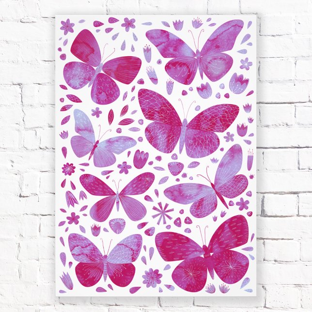 Papillons Aquarelle Magenta Pink Photo Impression (Magenta pink butterfly watercolor photo print)