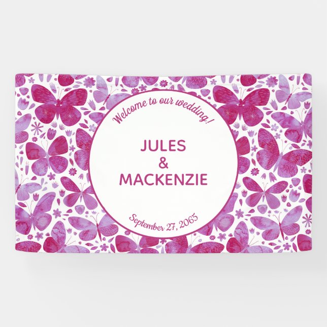 Papillons Aquarelle Magenta rose Mariage Bannière (Horizontal)