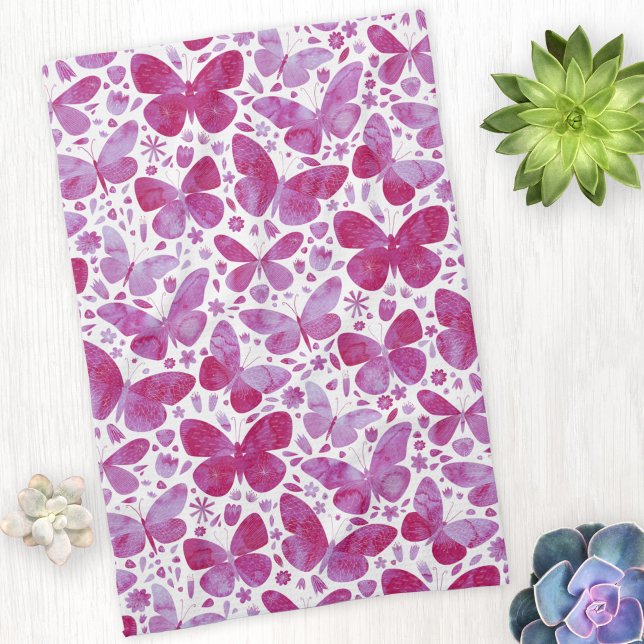 Papillons Aquarelle Magenta Rose Serviette de cuis (Magenta pink watercolor butterfly pattern kitchen tea towel)