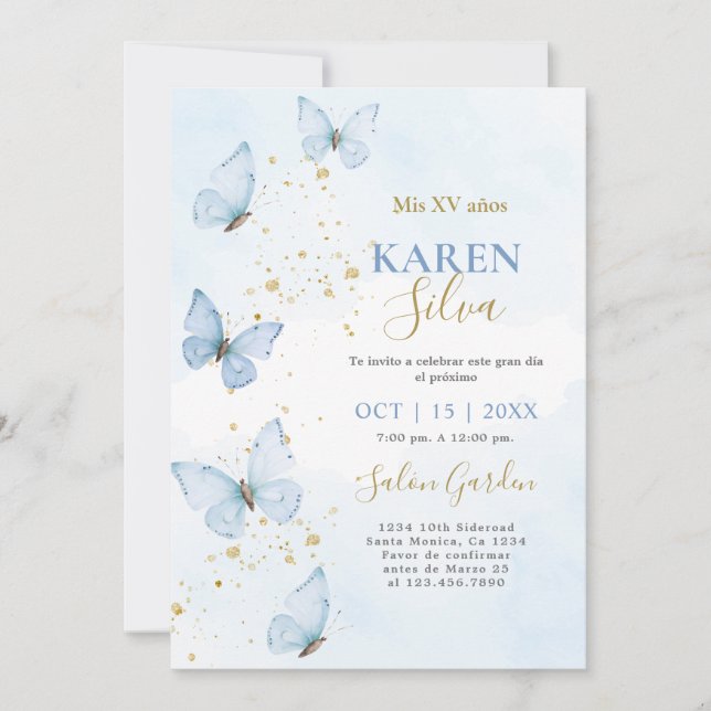 Papillons bleus Quinceañera Invitation (Devant)