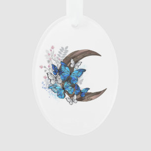 Papillons bleus sur croissant en bois