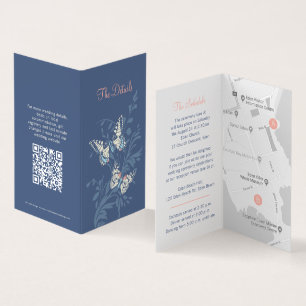 Papillons corail bleu mariage détails carte QR