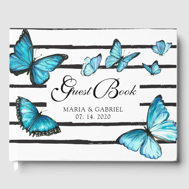 Papillons d'aquarelle bleu Mariage Livre d'or (Recto)