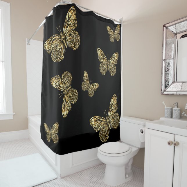 Papillons en or étincelant au rideau de douche noi (En situation)