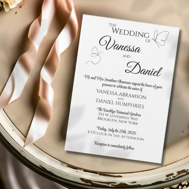 Papillons esquissés Élégante invitation de mariage (Create your own timeless wedding invitation featuring calligraphy style text and sketched butterfly)