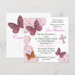 Papillons et fleurs Baptême Invitation
