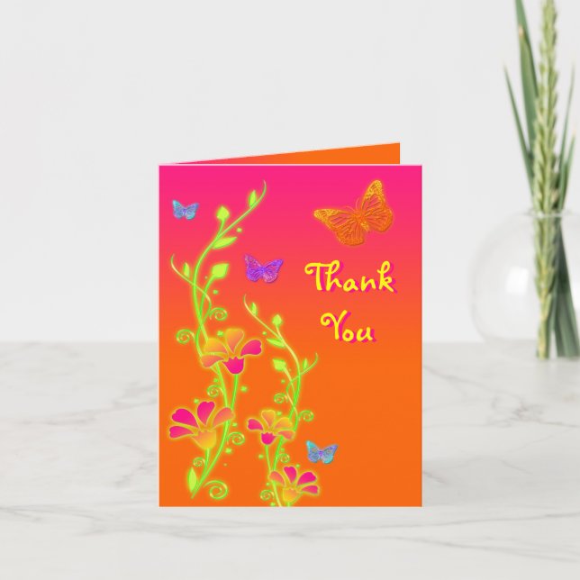 Papillons et fleurs en néon Carte de remerciements (Devant)