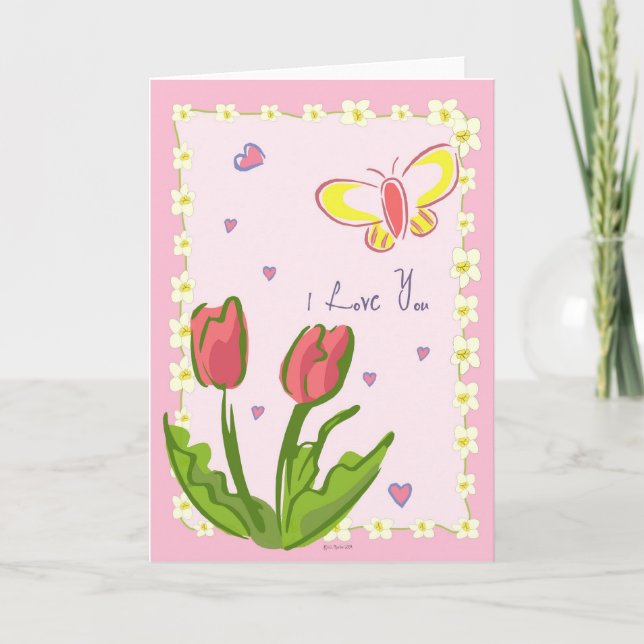Papillons et fleurs "Je t'aime" Carte de voeux (Devant)