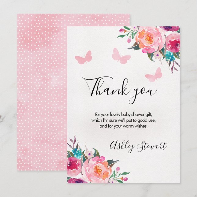 Papillons floraux Baby shower Carte de remerciemen (Devant / Derrière)