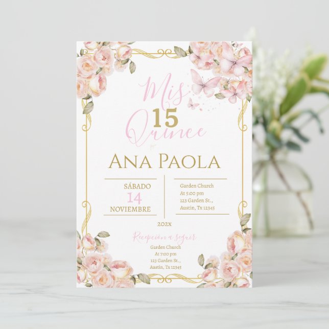 Papillons floraux roses Quinceañera Invitation (Debout devant)