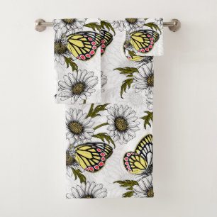 Papillons Jézabel et fleurs marguerites sur blanc