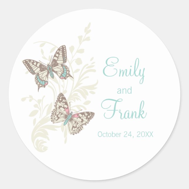 Papillons marron aqua rose mariage autocollant (Devant)