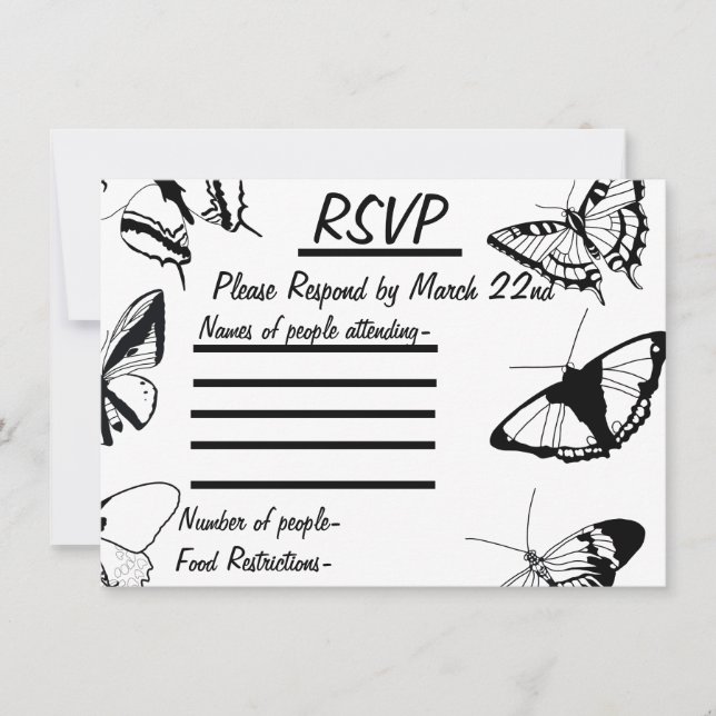 Papillons noirs et blancs Carte Plat RSVP (Devant)