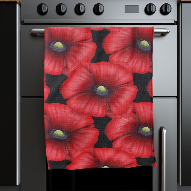 Papillons noirs et rouges Motif Floral Serviette d (Pop a poppy kitchen towel in your kitchen today! Makes a lovely housewarming gift or a treat for you)