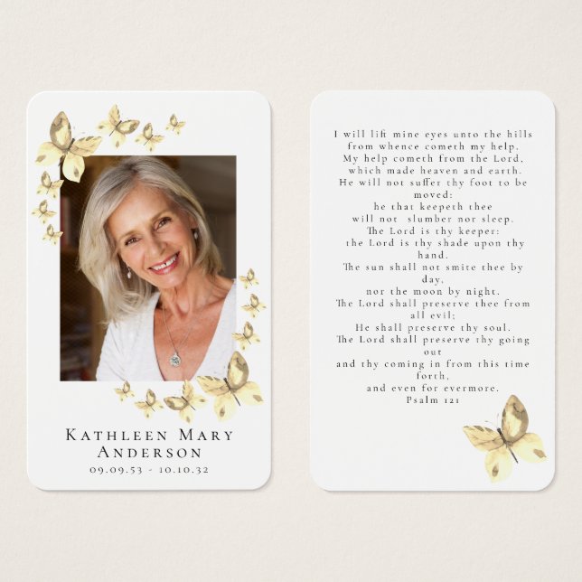 Papillons Photo Funeral Memorial Prayer Card (Devant & derrière)